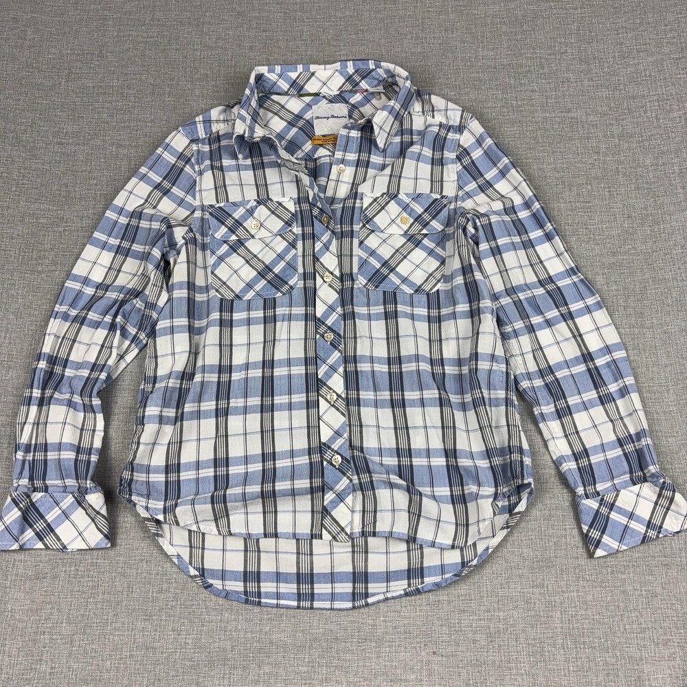 Tommy Bahama Shirt Womens Small Blue Plaid Madras Long Sleeve Button Up Cotton